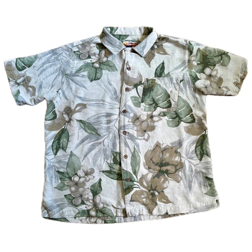 Havana Jack’s Cafe Silk Hawaiian Shirt Size Large Neutral Botanical Cream Green